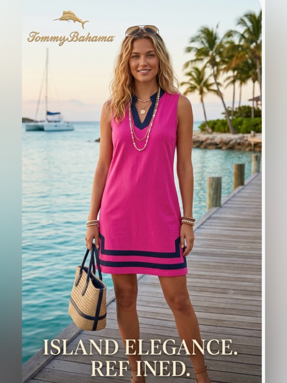 Tommy Bahama Fuchsia Sleeveless V-Neck Mini Dress with Navy Trim ~ Size Large